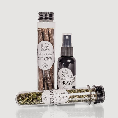 Geschenkset Katzen Wohlfühlkräuter: Katzenminze + Baldrian Spray +  Matatabi Sticks