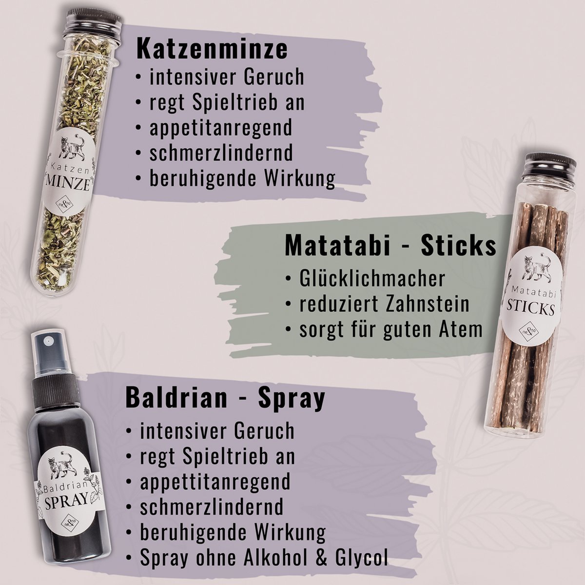 Geschenkset Katzen Wohlfühlkräuter: Katzenminze + Baldrian Spray +  Matatabi Sticks