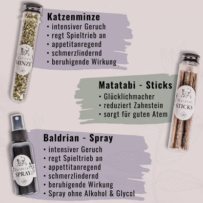 Geschenkset Katzen Wohlfühlkräuter: Katzenminze + Baldrian Spray +  Matatabi Sticks