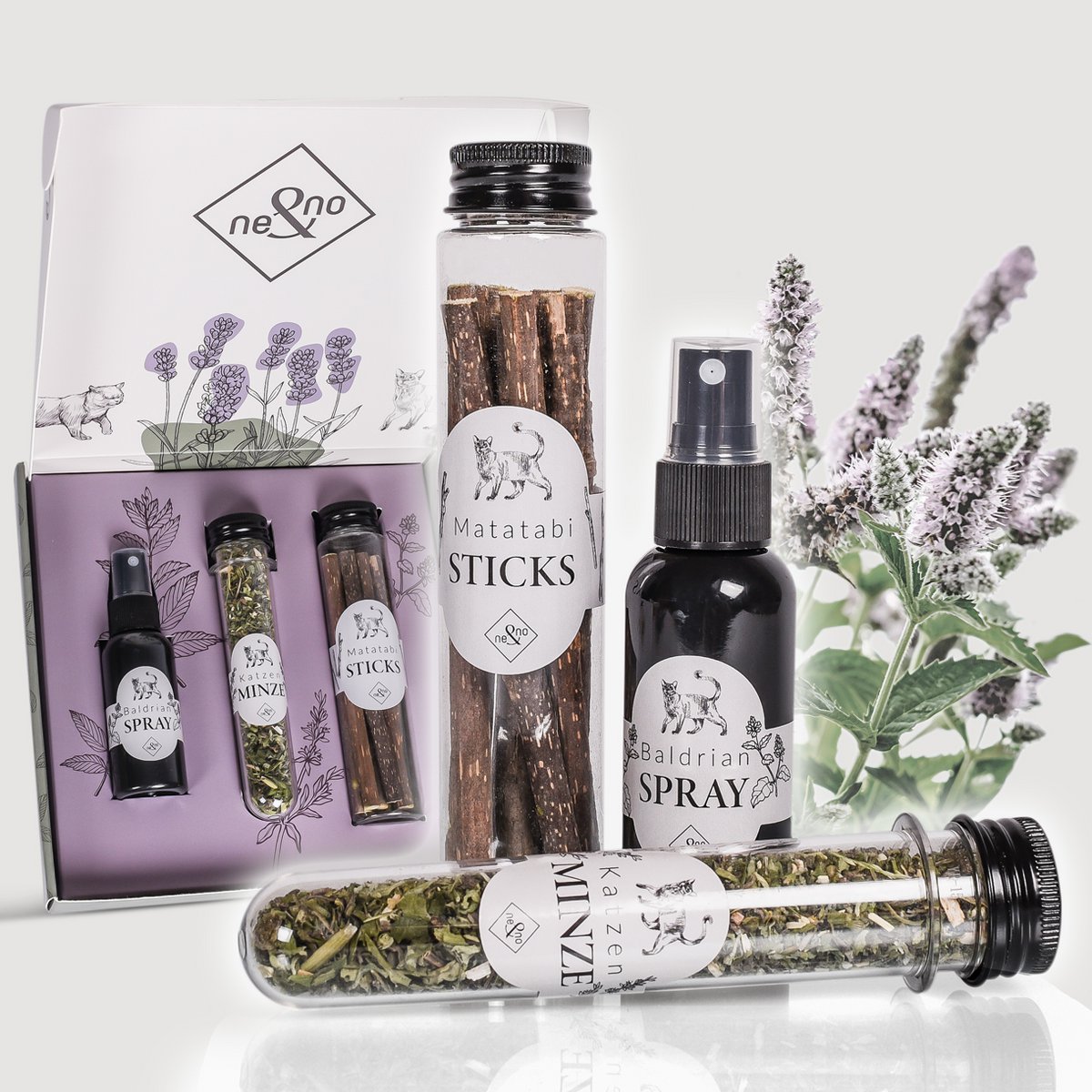 Geschenkset Katzen Wohlfühlkräuter: Katzenminze + Baldrian Spray +  Matatabi Sticks