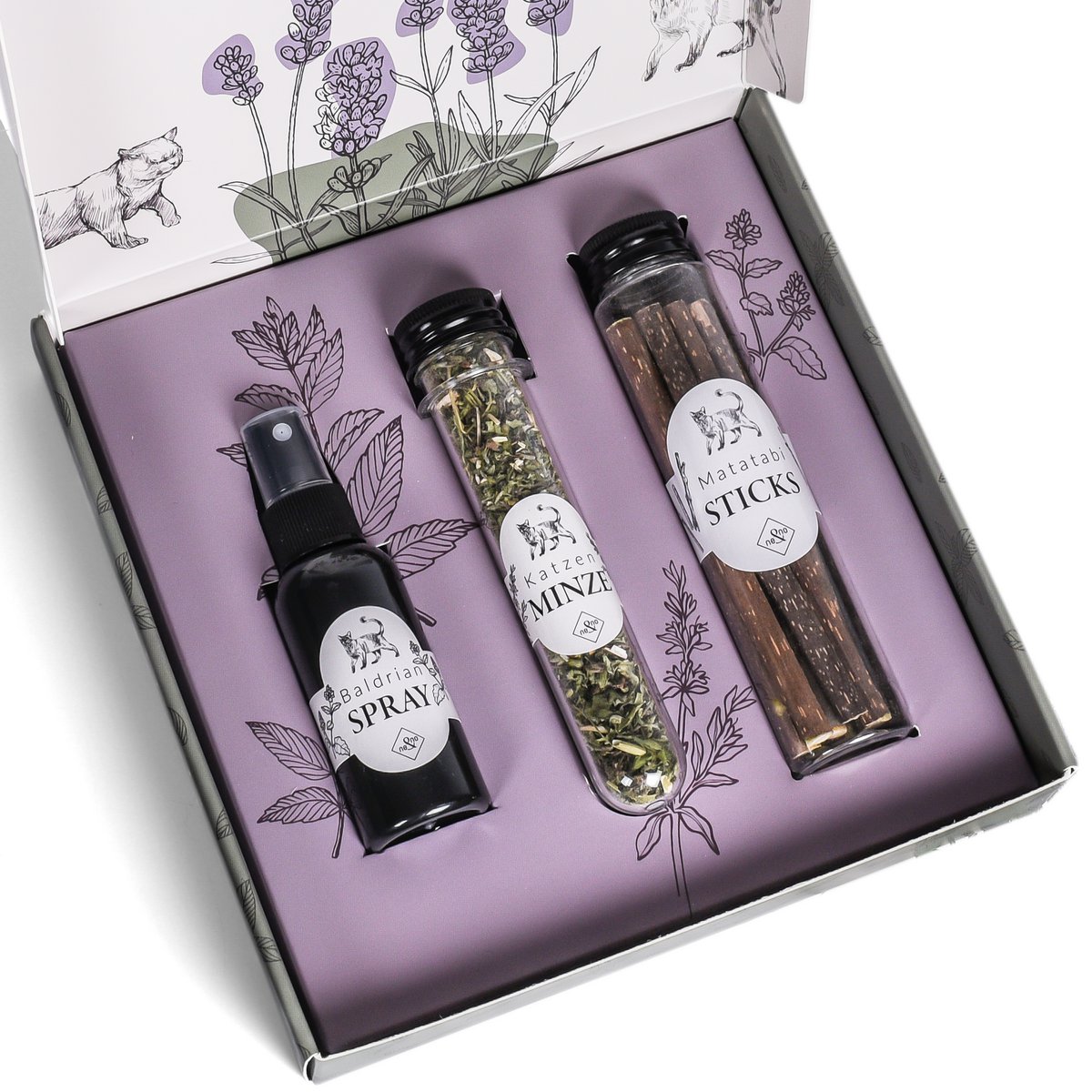 Geschenkset Katzen Wohlfühlkräuter: Katzenminze + Baldrian Spray +  Matatabi Sticks