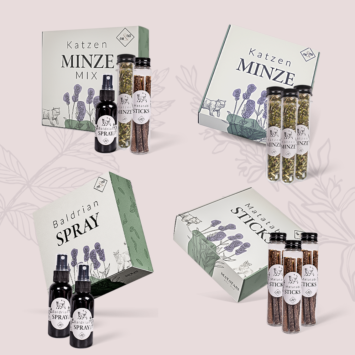 Geschenkset Katzen Wohlfühlkräuter: Katzenminze + Baldrian Spray +  Matatabi Sticks