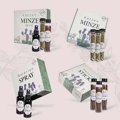 Geschenkset Katzen Wohlfühlkräuter: Katzenminze + Baldrian Spray +  Matatabi Sticks