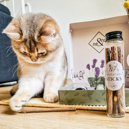 Geschenkset Katzen Wohlfühlkräuter: Katzenminze + Baldrian Spray +  Matatabi Sticks