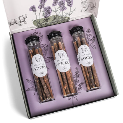Geschenkset Katzen Wohlfühlkräuter: Katzenminze + Baldrian Spray +  Matatabi Sticks